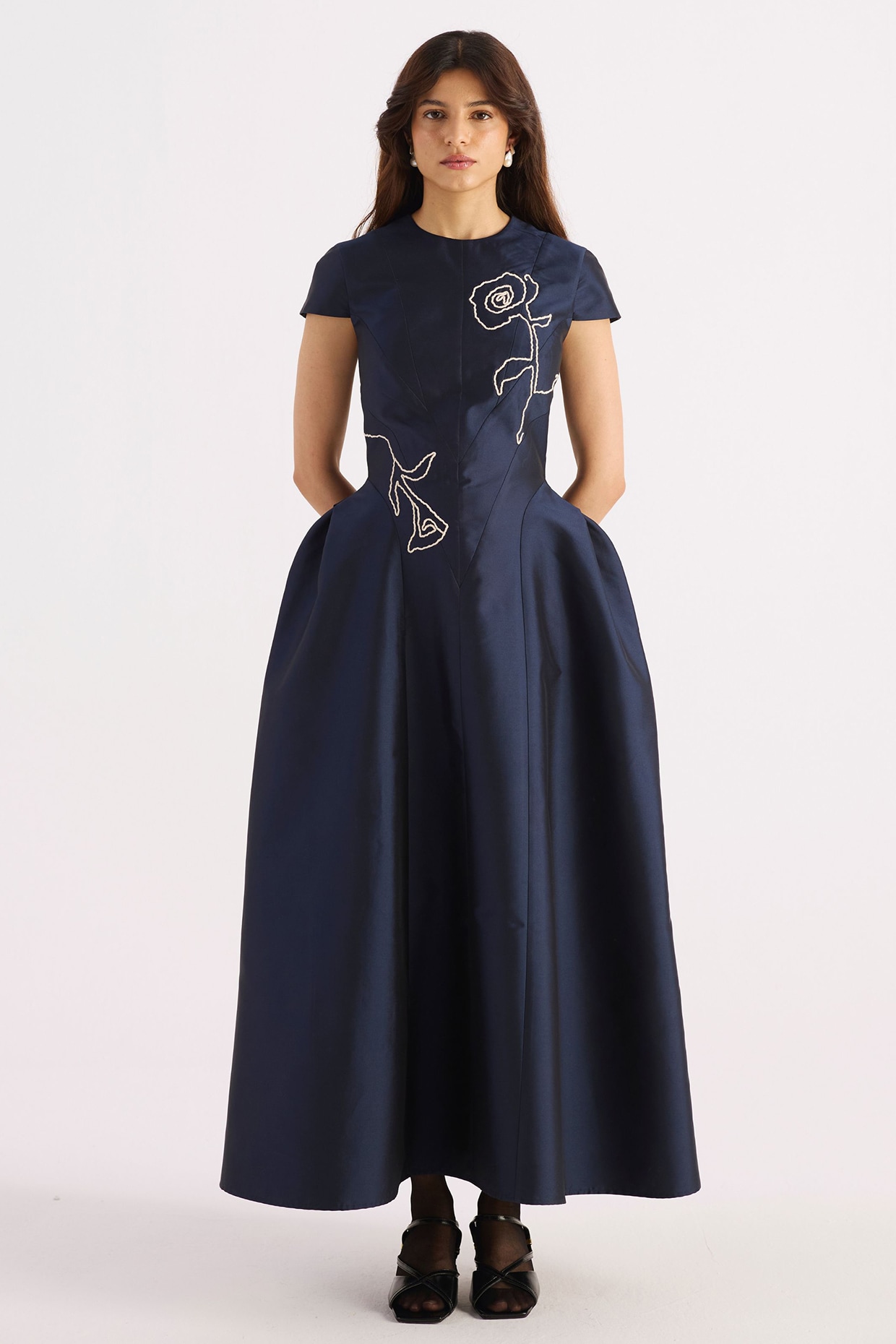 KIRU Navy Blue Taffeta Hand Embroidered Dress
