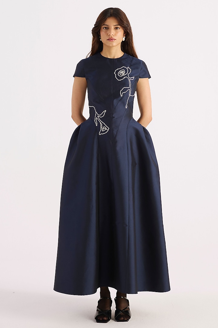 Navy Blue Taffeta Hand Embroidered Vacation Dress by KIRU at Pernia's Pop Up Shop