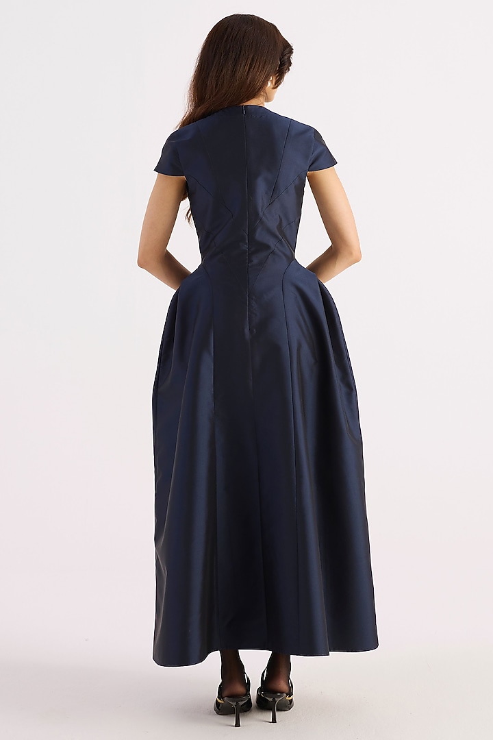 Navy Blue Taffeta Hand Embroidered Vacation Dress by KIRU at Pernia's Pop Up Shop