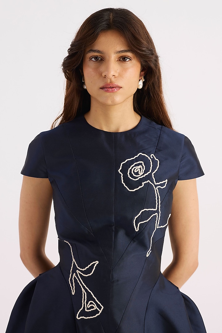 Navy Blue Taffeta Hand Embroidered Vacation Dress by KIRU at Pernia's Pop Up Shop