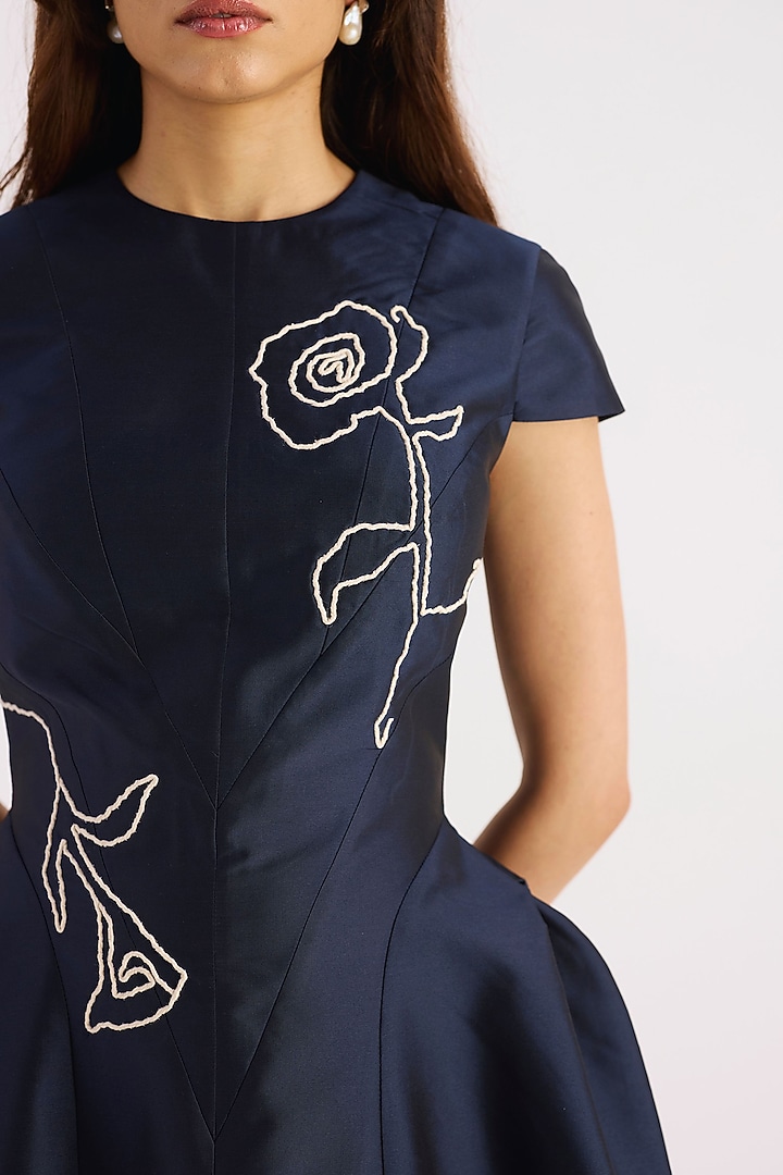 Navy Blue Taffeta Hand Embroidered Vacation Dress by KIRU at Pernia's Pop Up Shop