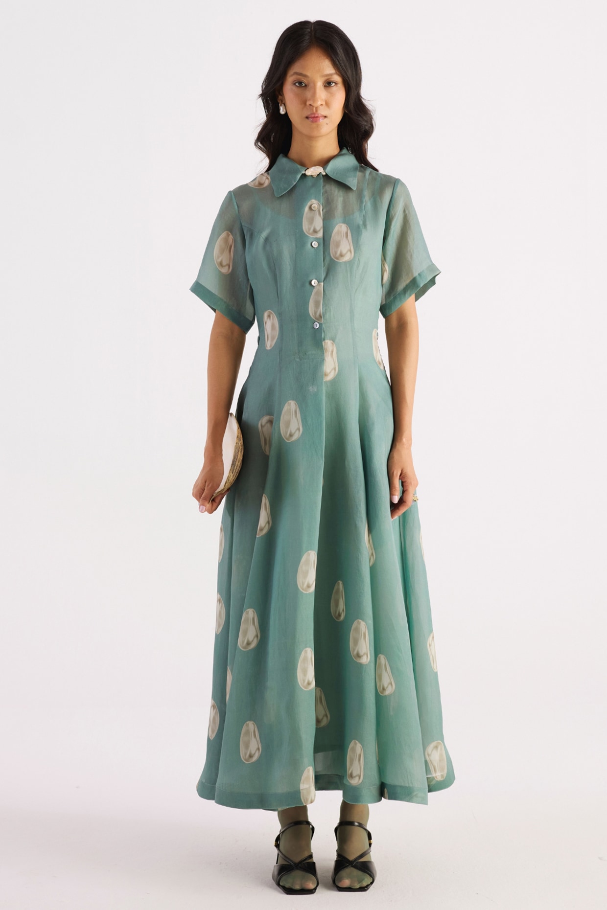 KIRU Sea Green Silk Organza Floral Digital Printed Flared Dress