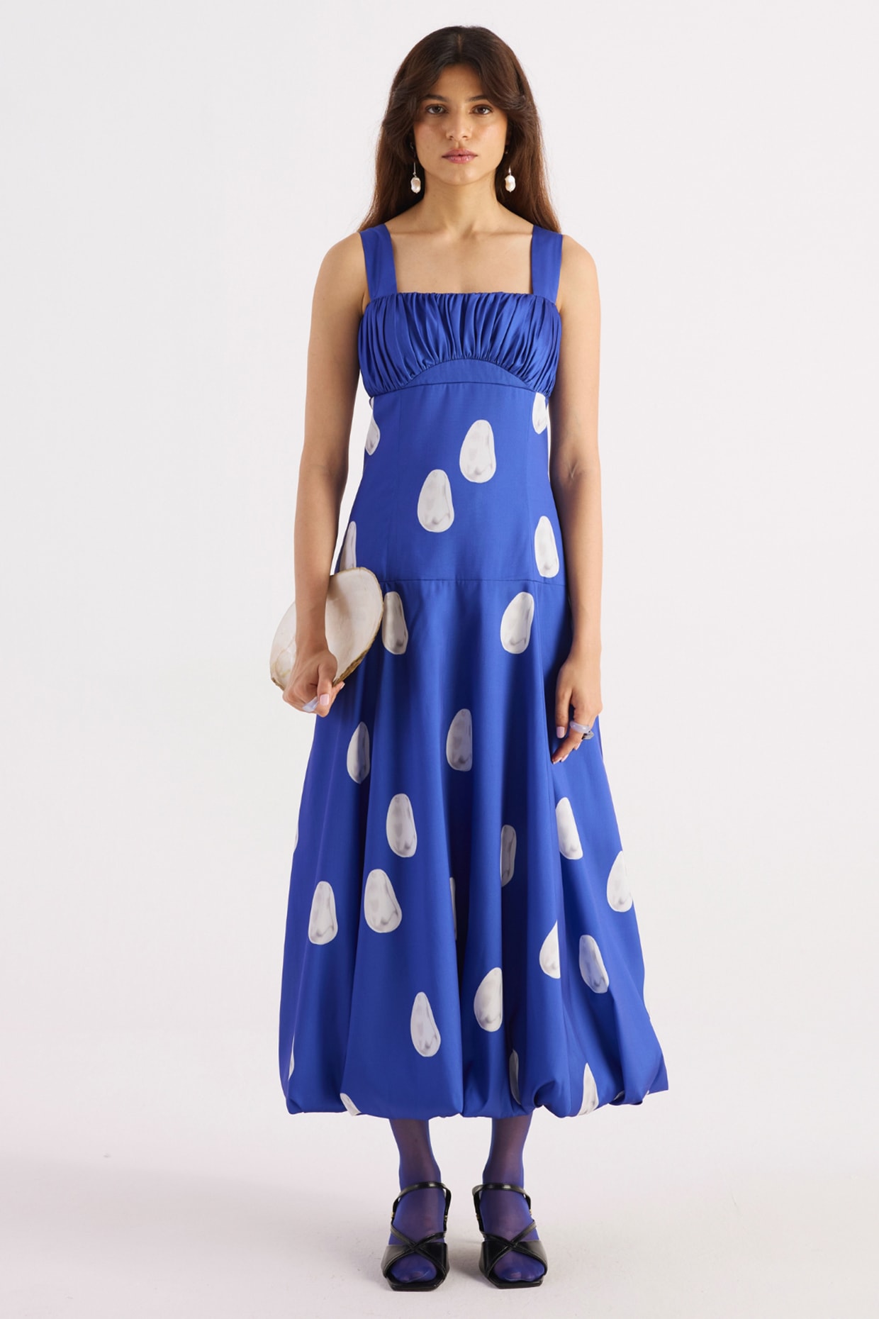 KIRU Royal Blue Taffeta Pearl Digital Printed Gathered Balloon Dress