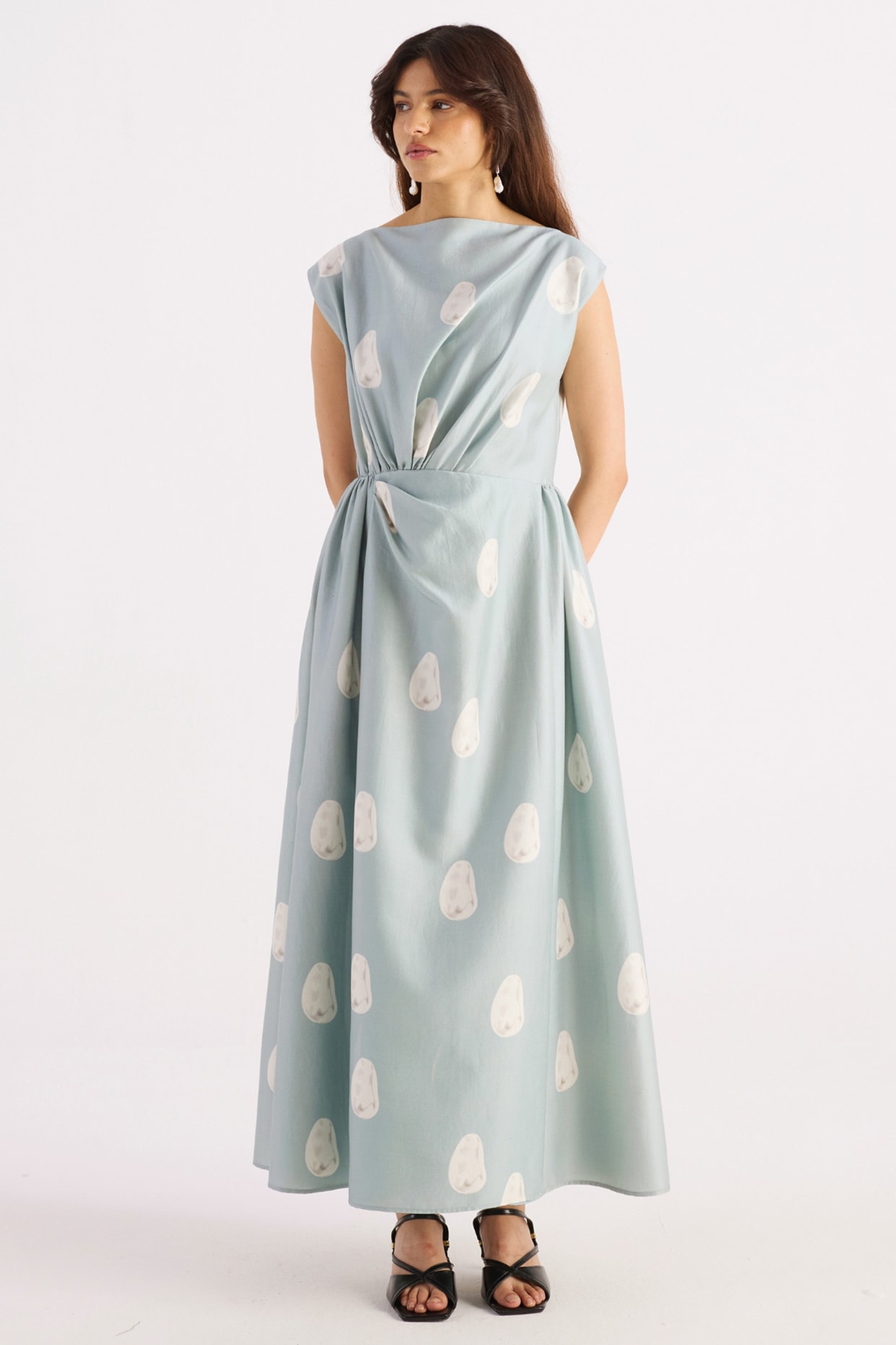 KIRU Sea Blue Cotton Silk Digital Printed Asymmetrical Pleated Dress