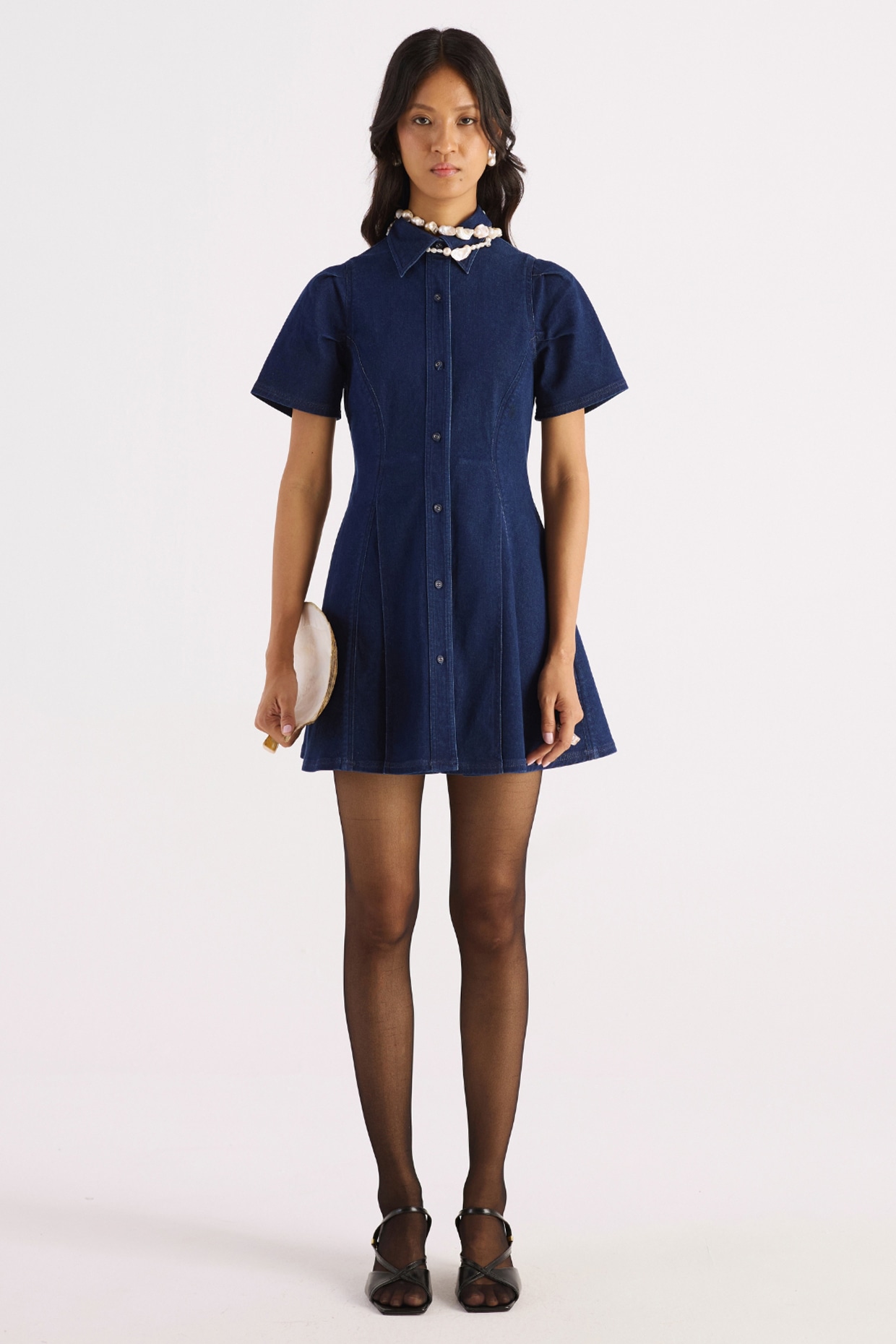 KIRU Denim Blue Handwoven Cotton Flared Shirt Dress