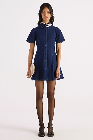 Denim Blue Handwoven Cotton Flared Shirt Dress by KIRU