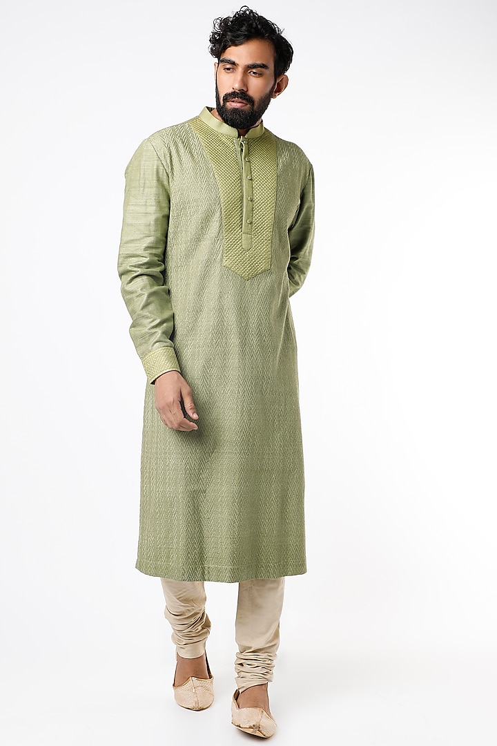 Olive Green Tonal Embroidered Kurta Set  by Kishore Ramani at Pernia's Pop Up Shop