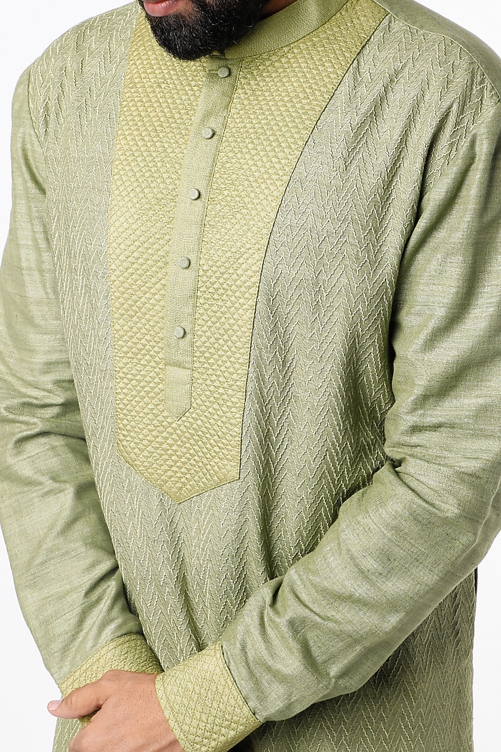 Olive Green Tonal Embroidered Kurta Set by Kishore Ramani at Pernia's Pop Up Shop