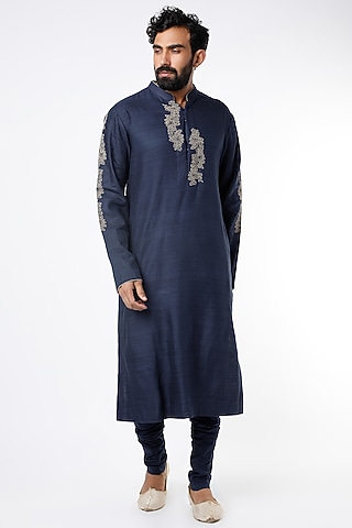 Navy Blue Motifs Embroidered Kurta Set by Kishore Ramani