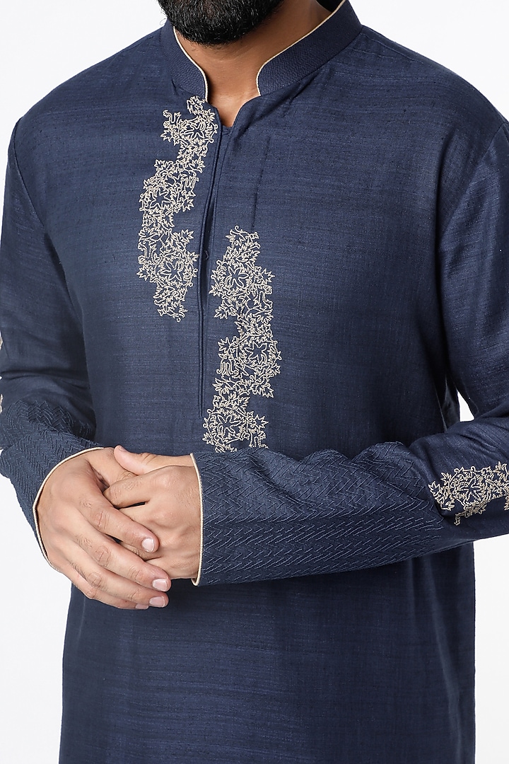 Navy Blue Motifs Embroidered Kurta Set by Kishore Ramani at Pernia's Pop Up Shop