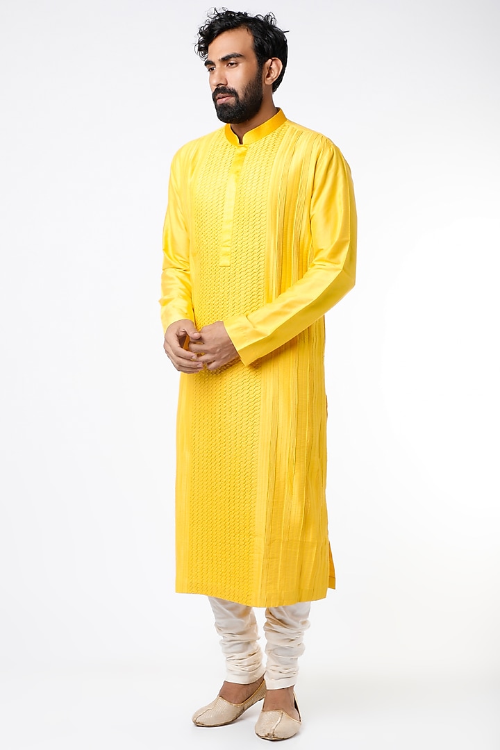 Yellow Cotton Silk Kurta Set by Kishore Ramani
