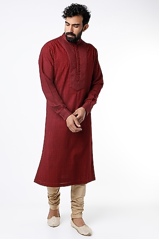 Red Tonal Embroidered Kurta Set by Kishore Ramani