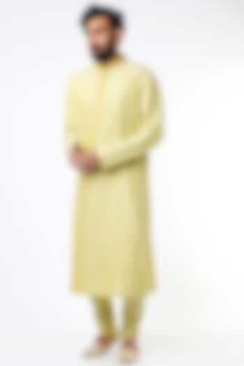 Lime Green Cotton Silk Pleated Kurta Set by Kishore Ramani