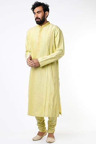 Lime Green Cotton Silk Pleated Kurta Set by Kishore Ramani
