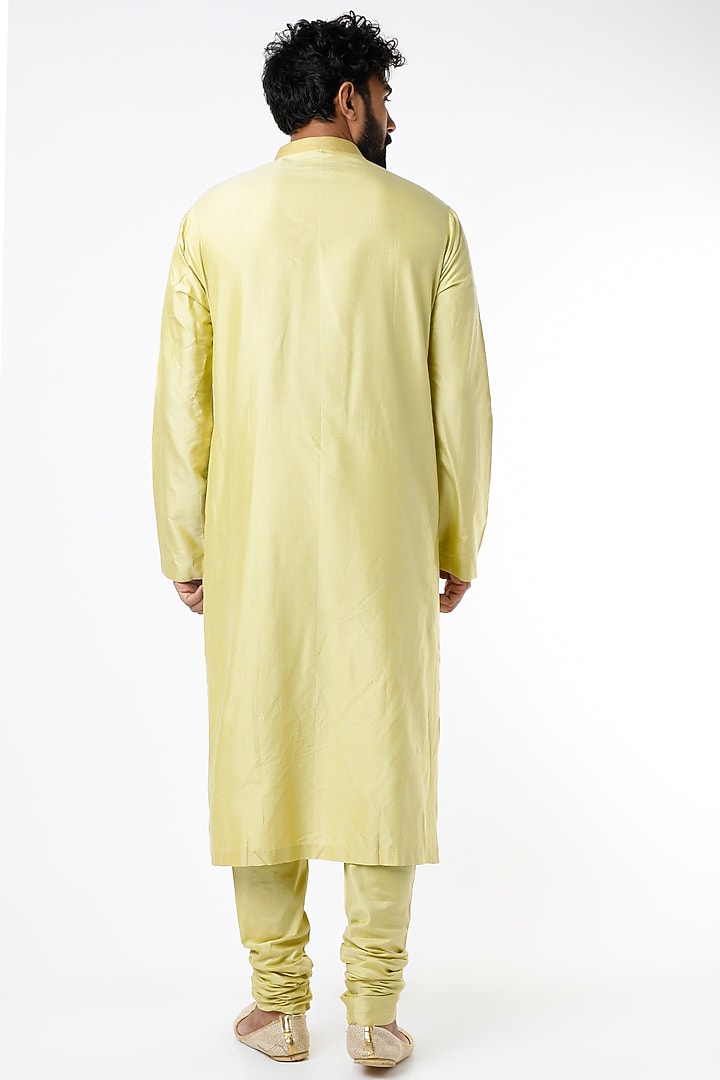 Lime Green Cotton Silk Pleated Kurta Set by Kishore Ramani at Pernia's Pop Up Shop