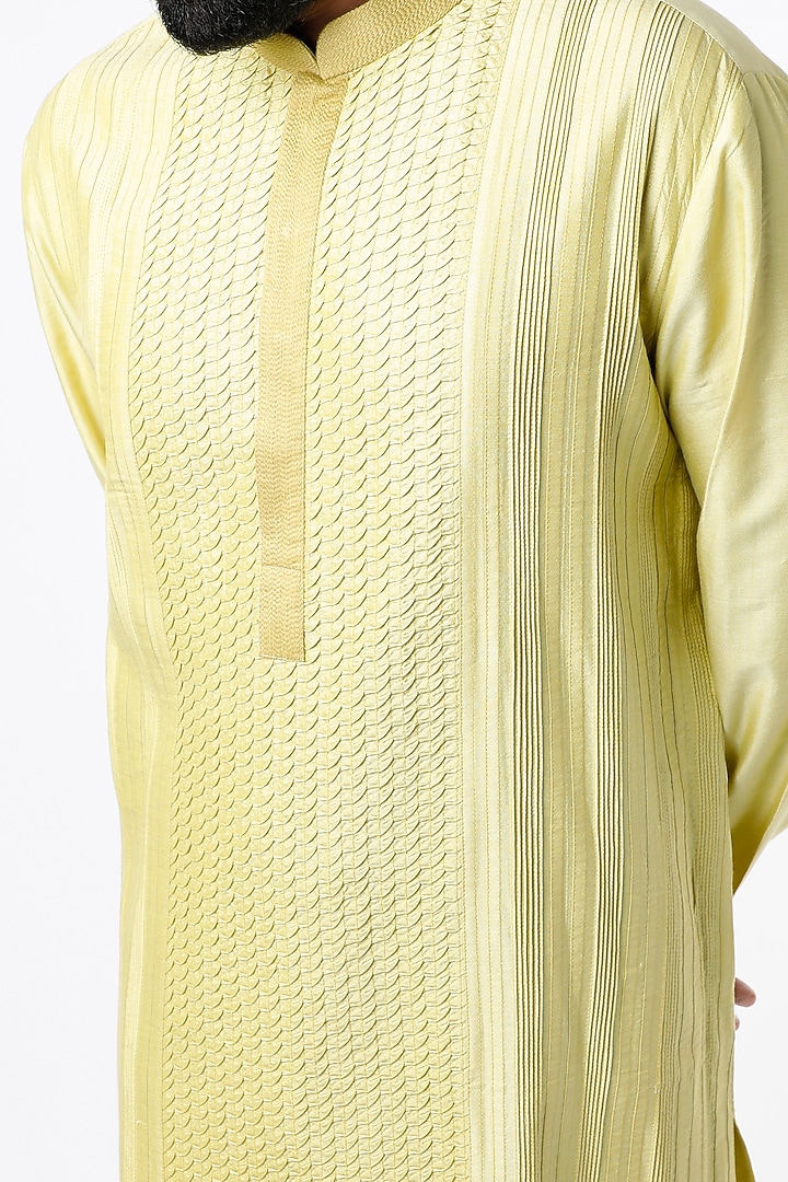 Lime Green Cotton Silk Pleated Kurta Set by Kishore Ramani at Pernia's Pop Up Shop