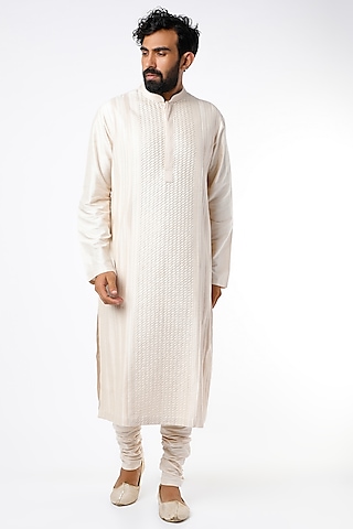 Ivory Cotton Silk Pleated Kurta Set by Kishore Ramani