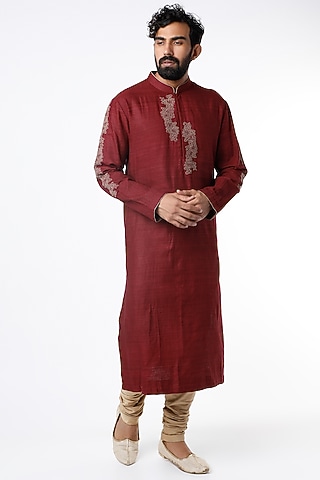 Red Motifs Embroidered Kurta Set by Kishore Ramani