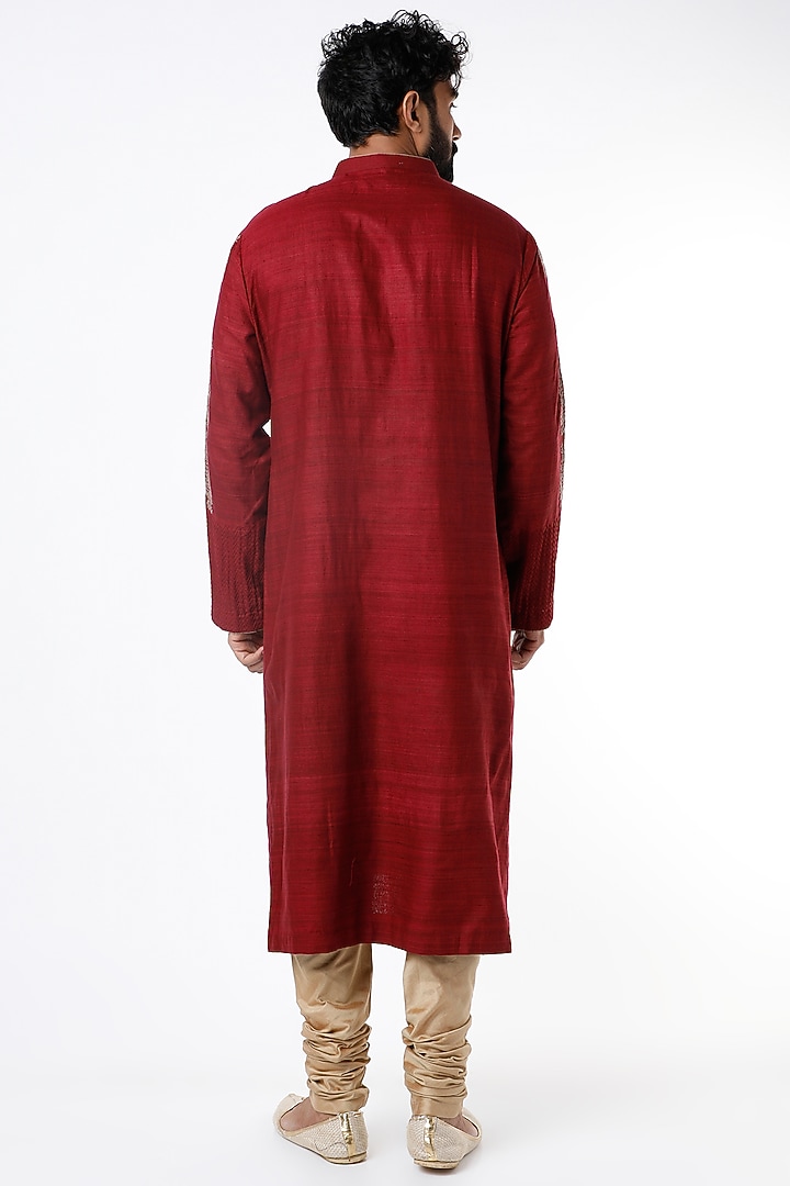 Red Motifs Embroidered Kurta Set by Kishore Ramani at Pernia's Pop Up Shop