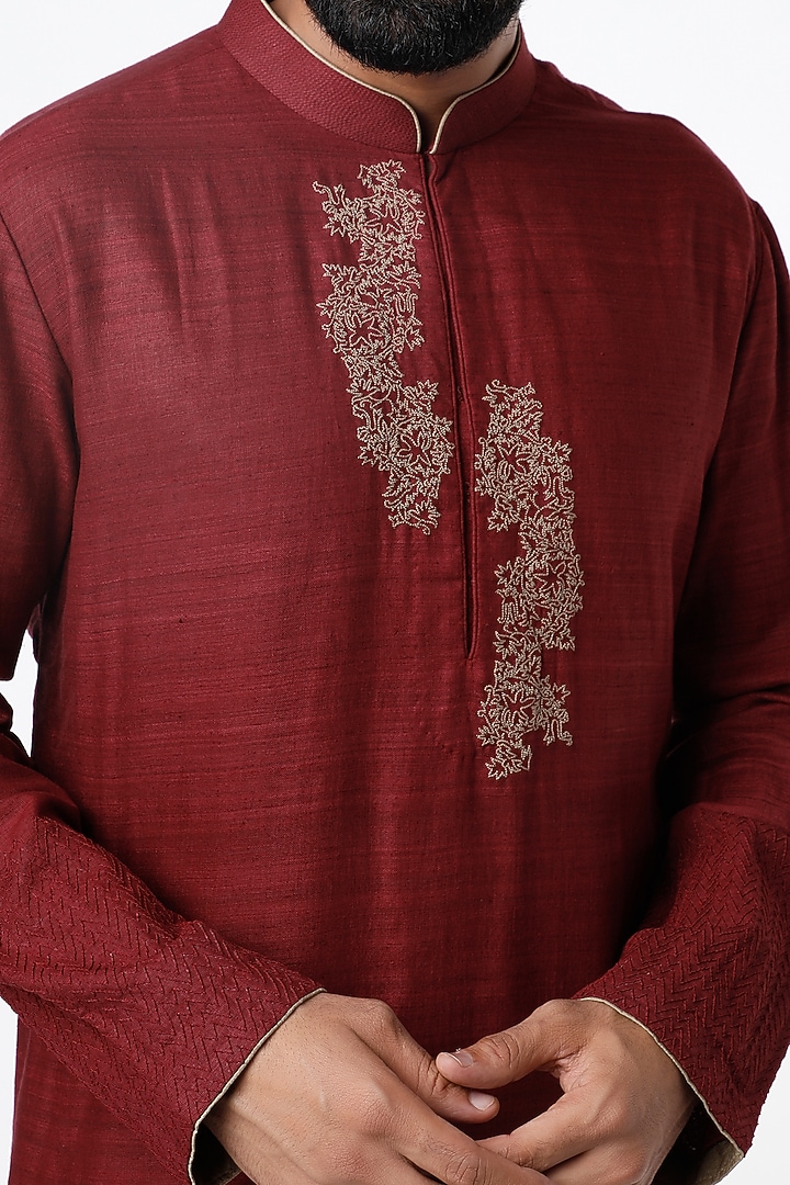Red Motifs Embroidered Kurta Set by Kishore Ramani at Pernia's Pop Up Shop