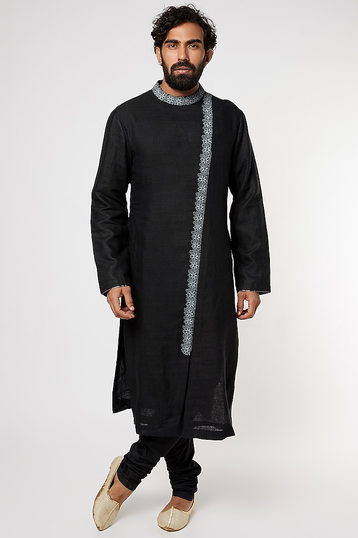 Black Embroidered Kurta Set by Kishore Ramani at Pernia's Pop Up Shop