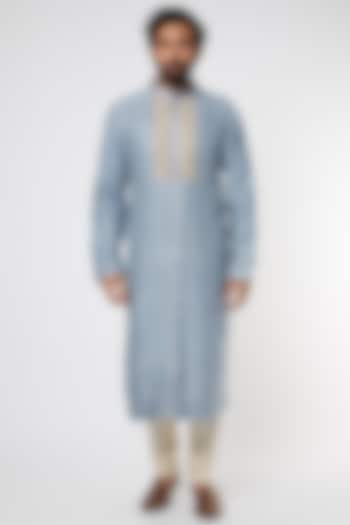 Sky Grey Blue Silk Kurta Set by Kishore Ramani at Pernia's Pop Up Shop