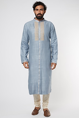 Sky Grey Blue Silk Kurta Set by Kishore Ramani