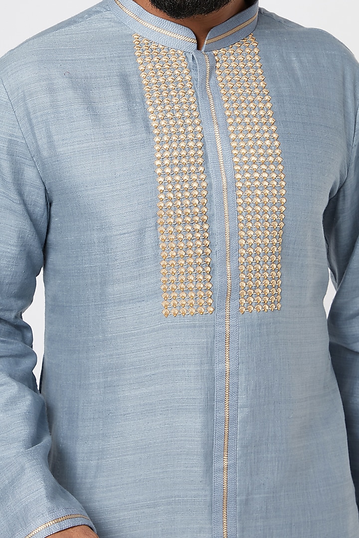 Sky Grey Blue Silk Kurta Set by Kishore Ramani at Pernia's Pop Up Shop