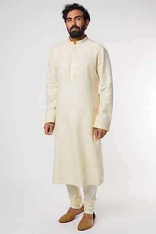Off White Silk Kurta Set by Kishore Ramani