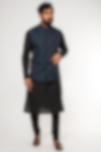 Cobalt Blue & Black Poly Bundi Jacket by Kishore Ramani at Pernia's Pop Up Shop