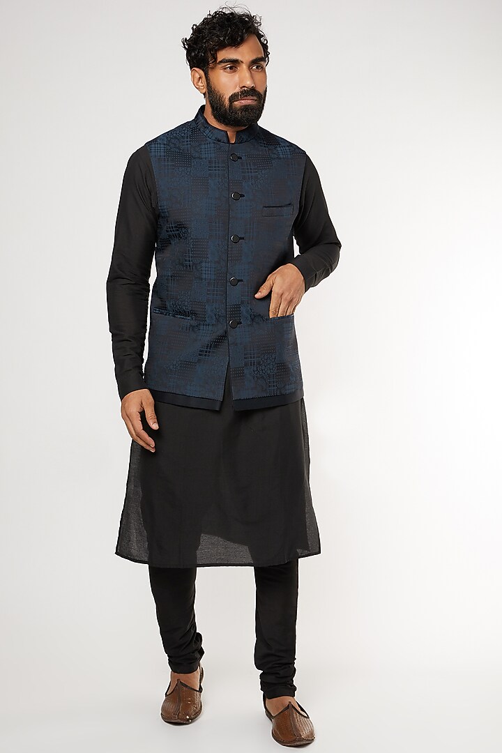 Cobalt Blue & Black Poly Bundi Jacket by Kishore Ramani at Pernia's Pop Up Shop