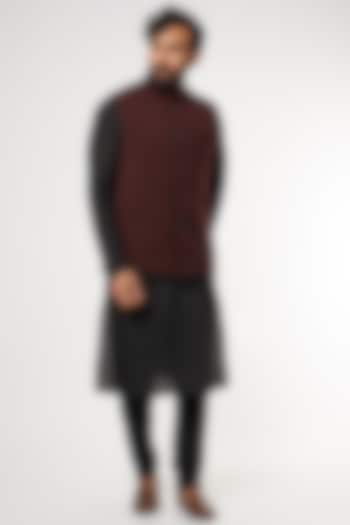 Maroon & Black Poly Bundi Jacket by Kishore Ramani at Pernia's Pop Up Shop