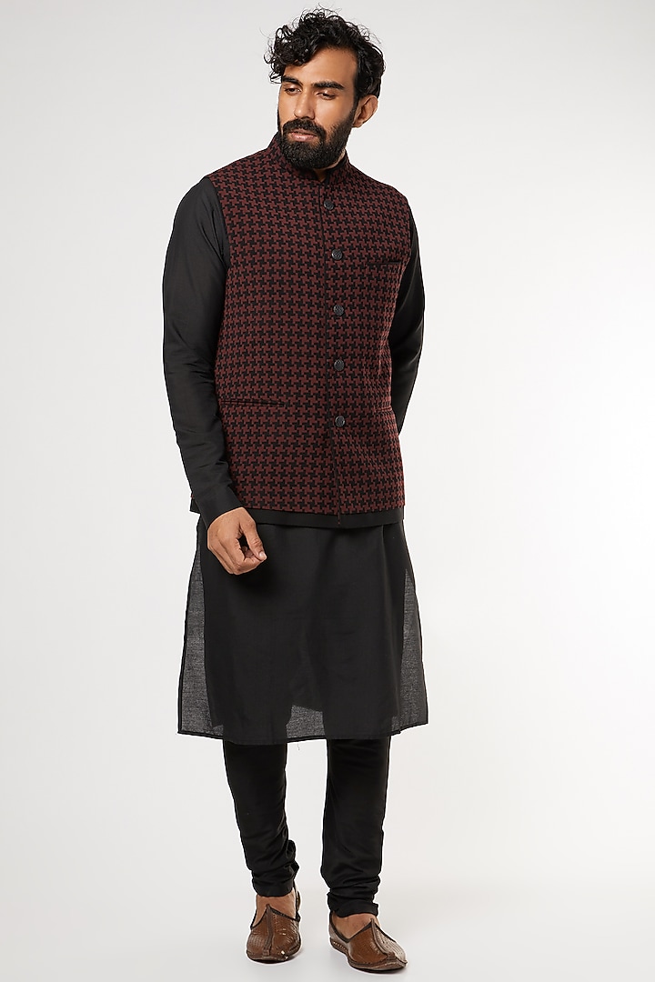 Maroon & Black Poly Bundi Jacket by Kishore Ramani at Pernia's Pop Up Shop