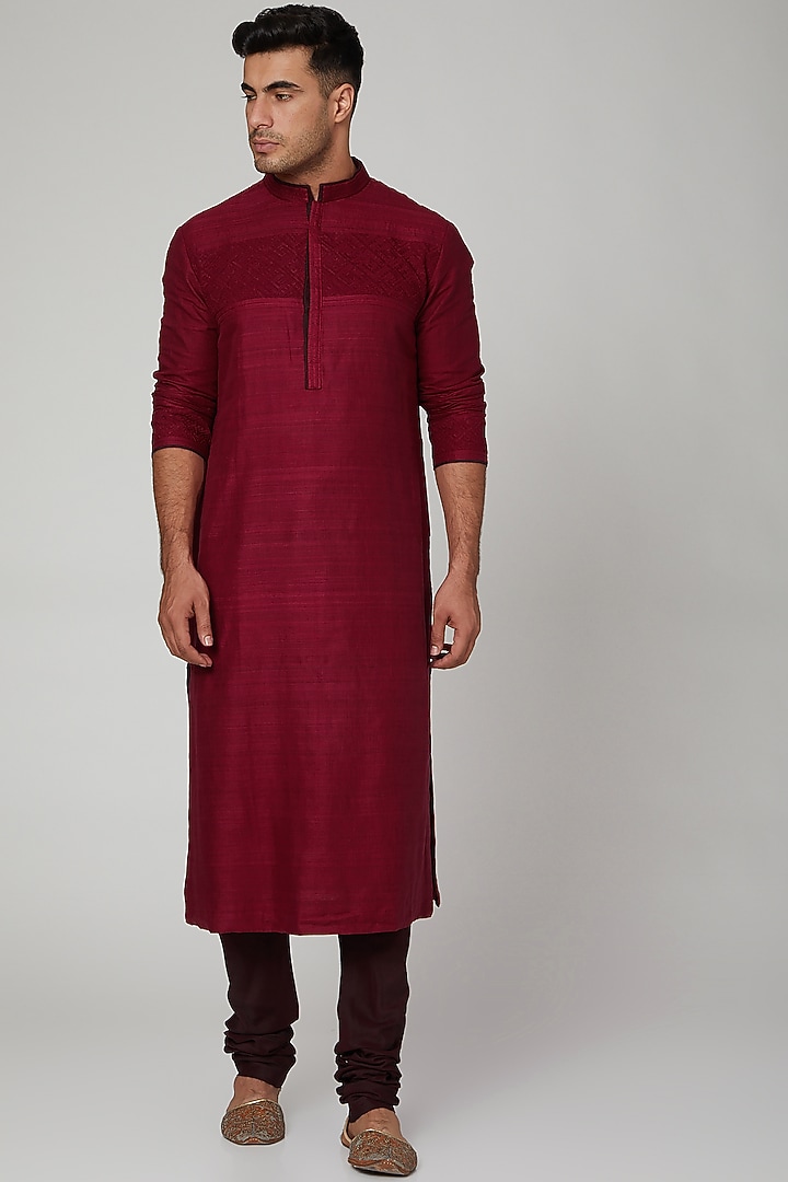 Deep Red Embroidered Kurta Set  by Kishore Ramani at Pernia's Pop Up Shop