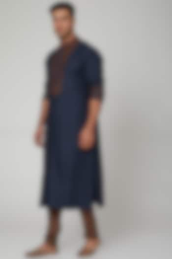 Navy Blue Matka Silk Kurta Set by Kishore Ramani at Pernia's Pop Up Shop