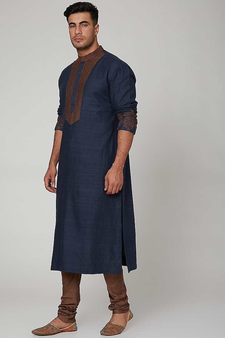 Navy Blue Matka Silk Kurta Set by Kishore Ramani at Pernia's Pop Up Shop