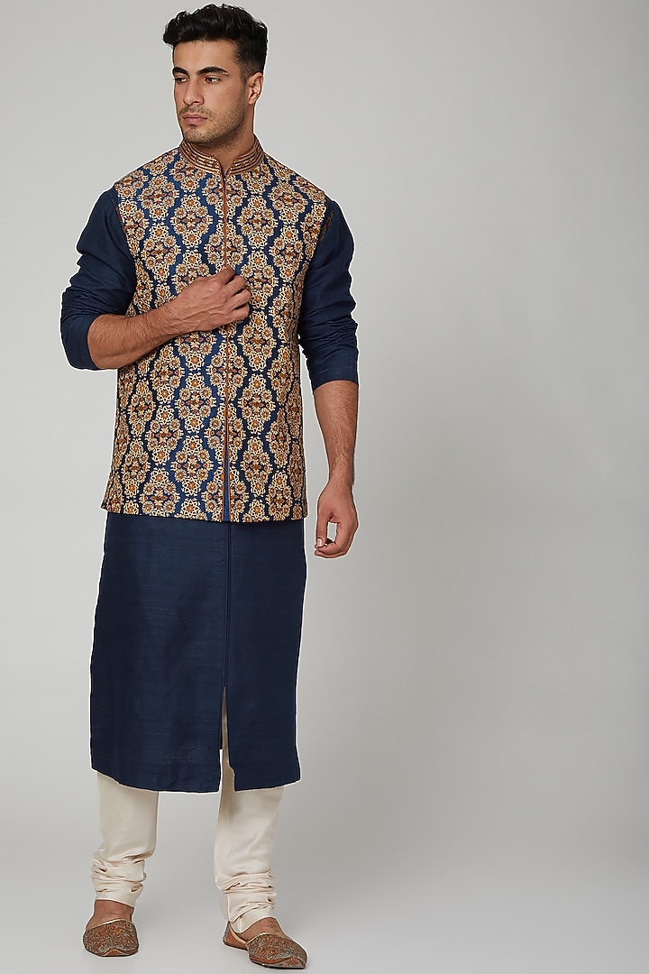 Blue Embroidered Bundi Jacket by Kishore Ramani at Pernia's Pop Up Shop