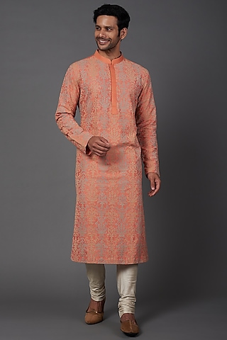 Peach Embroidered Kurta Set by Kishore Ramani