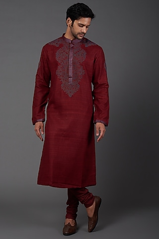 Deep Red Embroidered Kurta Set by Kishore Ramani