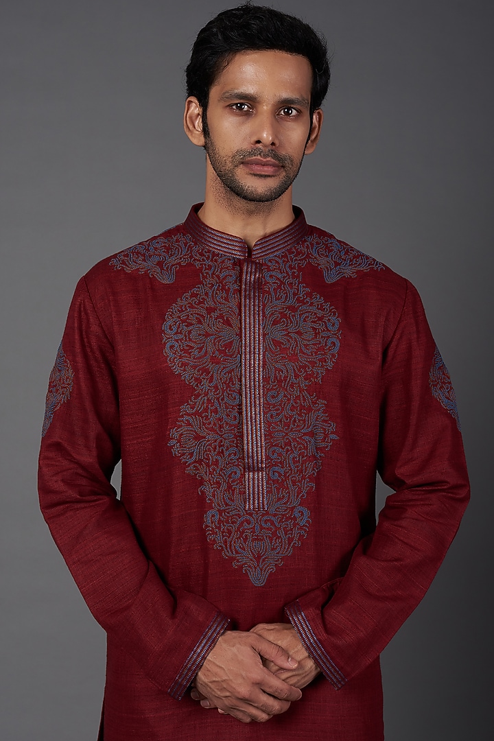 Deep Red Embroidered Kurta Set by Kishore Ramani at Pernia's Pop Up Shop