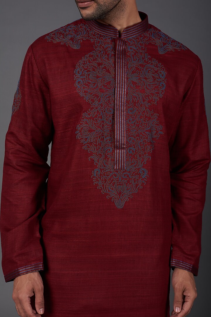 Deep Red Embroidered Kurta Set by Kishore Ramani at Pernia's Pop Up Shop