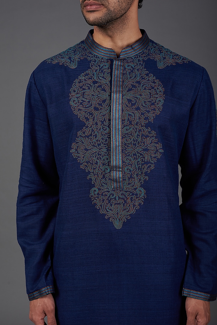 Navy Embroidered Kurta Set by Kishore Ramani at Pernia's Pop Up Shop