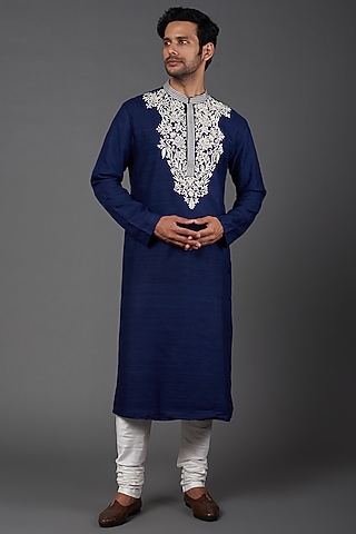 Navy Silk Embroidered Kurta Set by Kishore Ramani