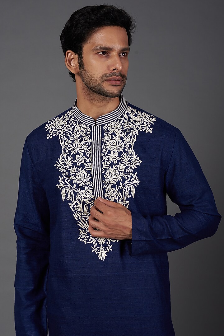 Navy Silk Embroidered Kurta Set by Kishore Ramani at Pernia's Pop Up Shop