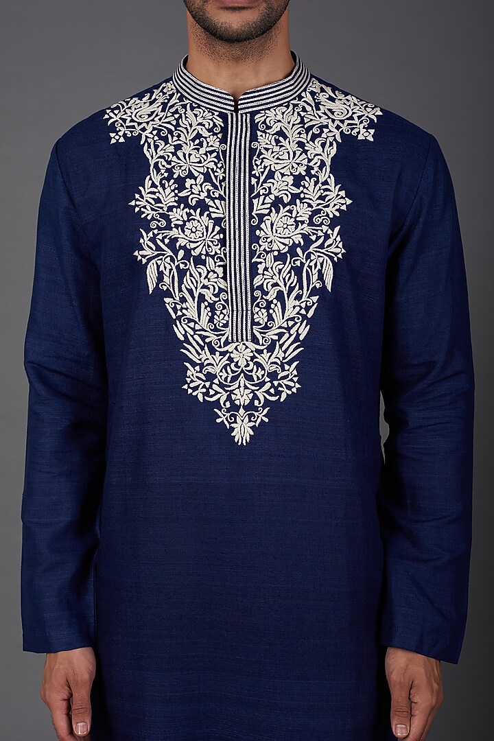 Navy Silk Embroidered Kurta Set by Kishore Ramani at Pernia's Pop Up Shop