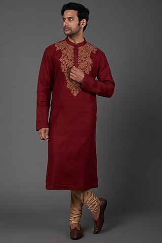 Deep Red Silk Embroidered Kurta Set by Kishore Ramani