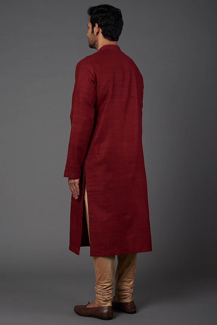 Deep Red Silk Embroidered Kurta Set by Kishore Ramani at Pernia's Pop Up Shop