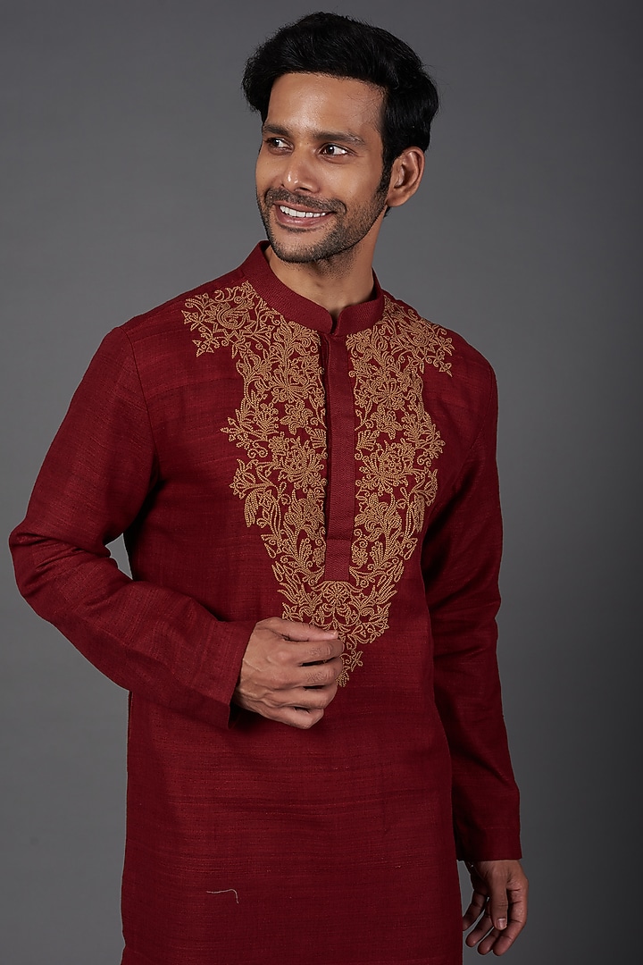 Deep Red Silk Embroidered Kurta Set by Kishore Ramani at Pernia's Pop Up Shop