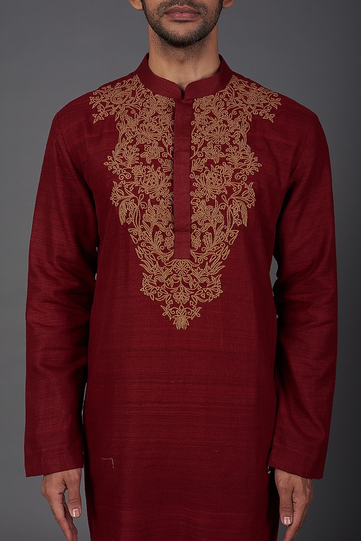 Deep Red Silk Embroidered Kurta Set by Kishore Ramani at Pernia's Pop Up Shop
