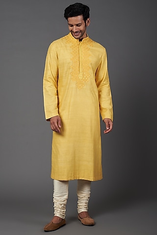Yellow Silk Embroidered Kurta Set by Kishore Ramani